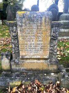 A large rectangular gravestone wth the details of the Shcakleton family of Stanbury. There is a memorial inscription to thri son Luke who died of wounds received in the Great war. He is not buried here.