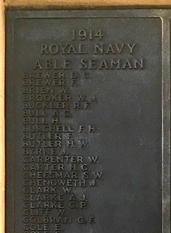 A bronze war memorial plaque at Portsmouth with the names of sailors who died in 1914.