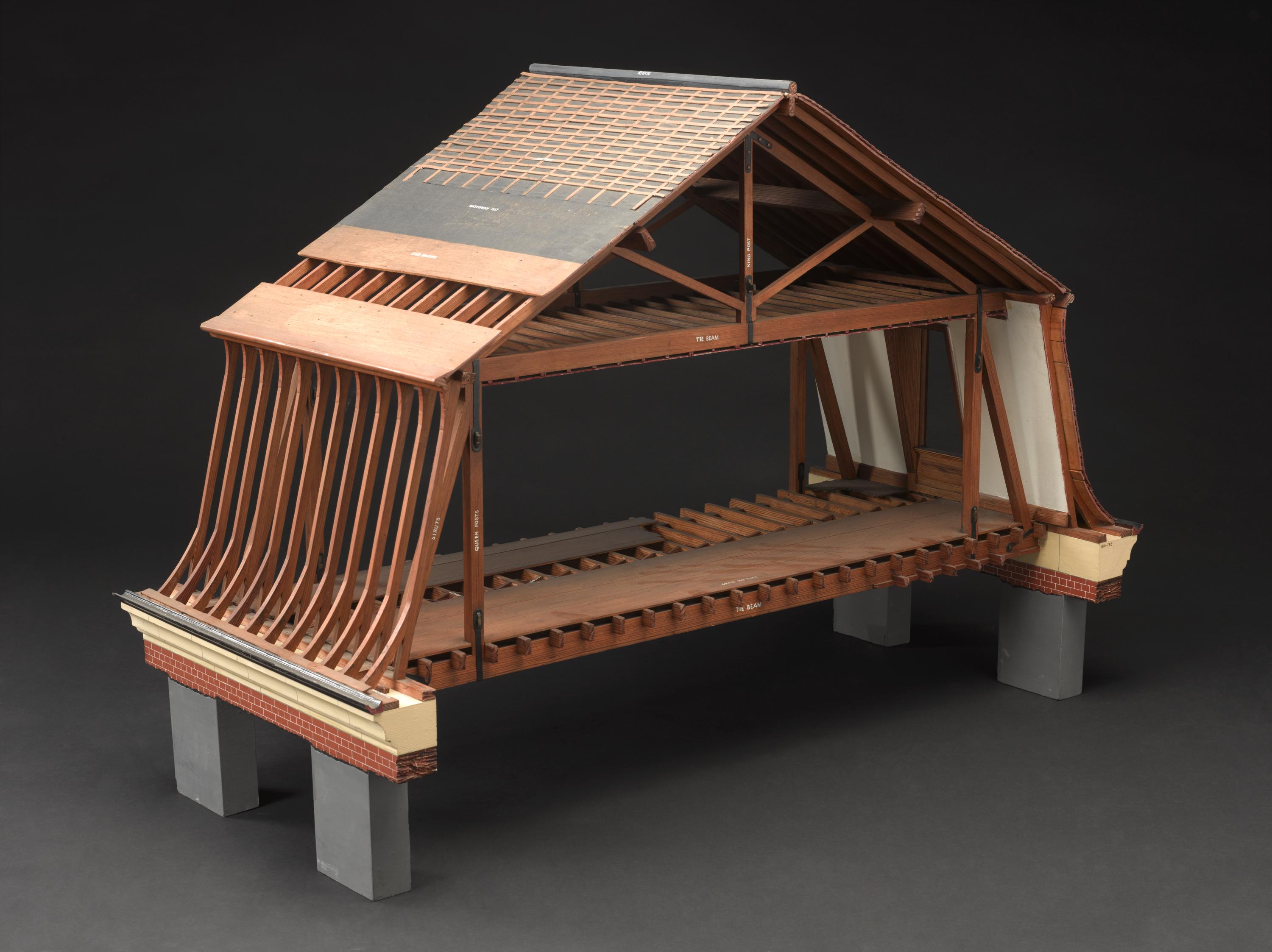 Model, scale 1:12, of mansard roof, with dormer window.