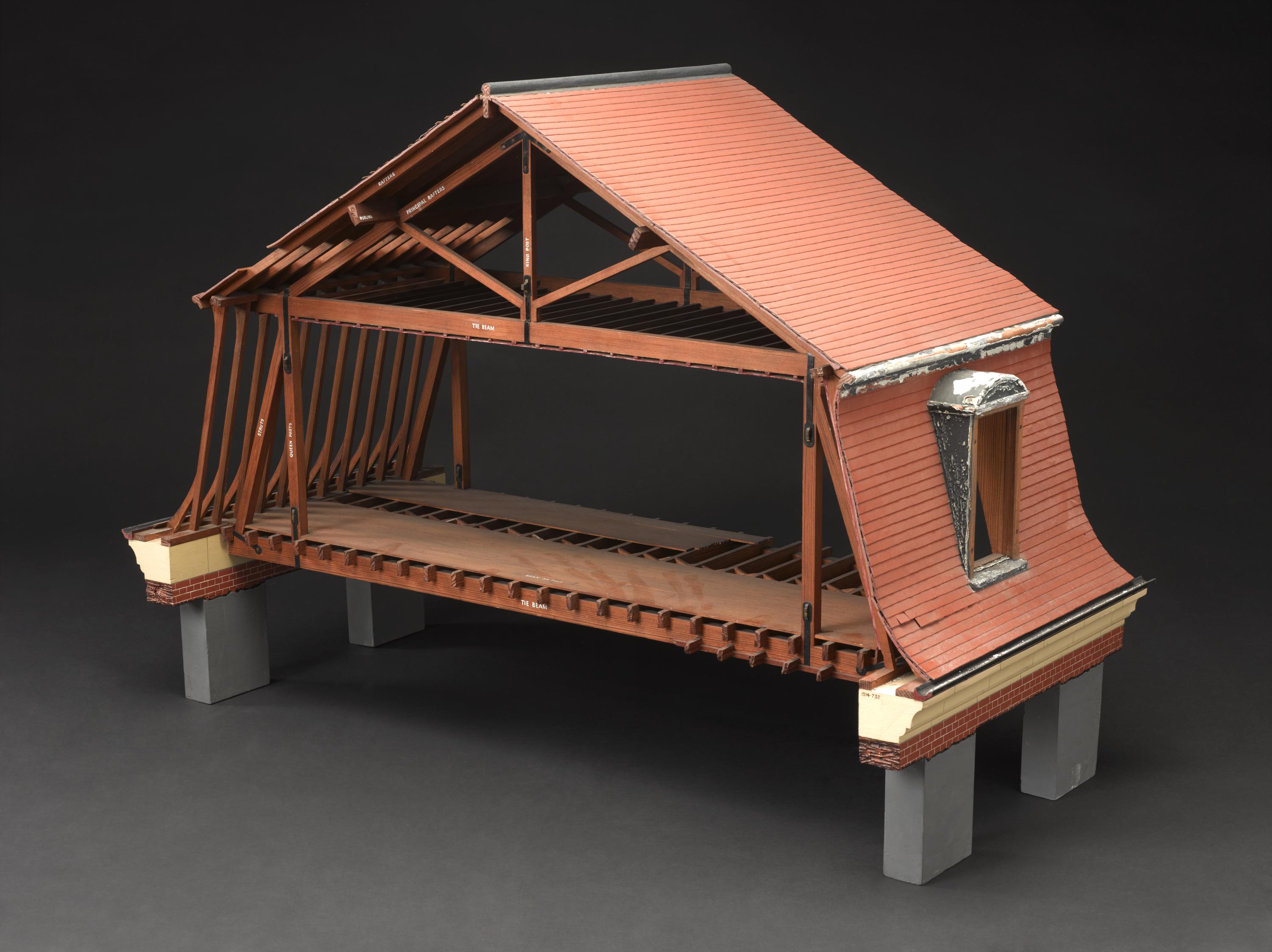Model, scale 1:12, of mansard roof, with dormer window.