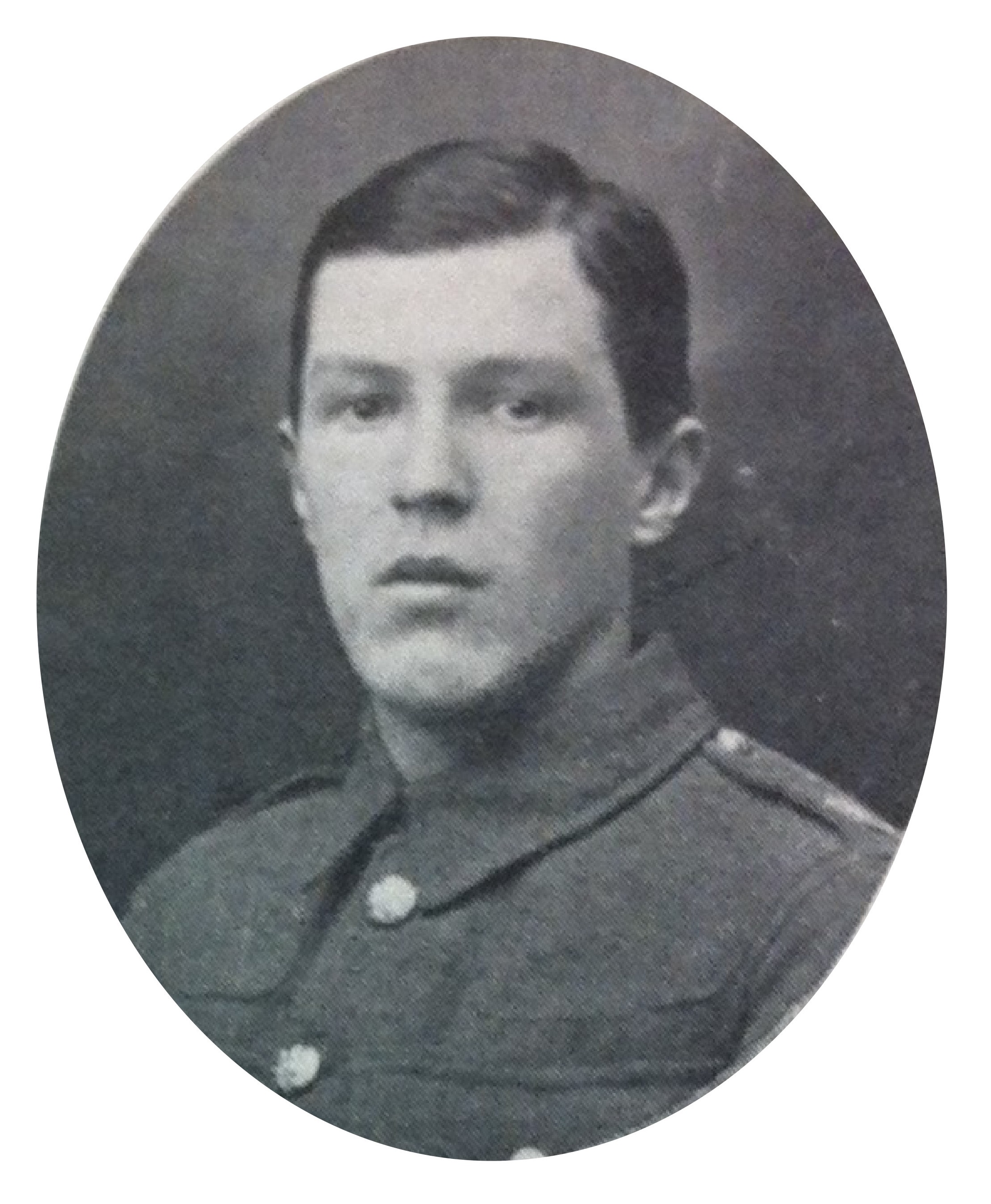 A black and white, head and shoulders portrait of a man wearing an Army jacket.