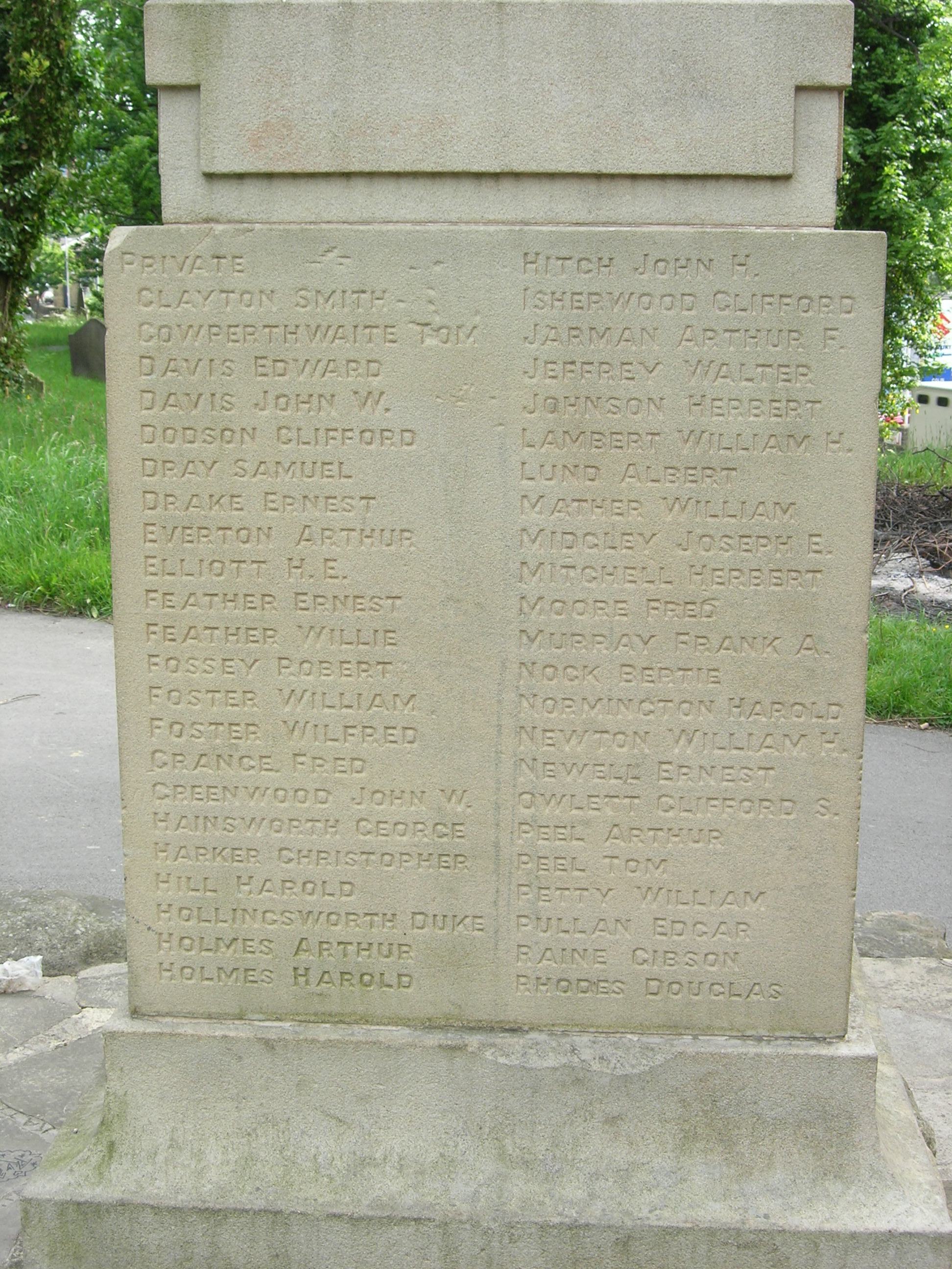 A sandstone panel on a war memorial, inscribed with the names of local men who had died in the Great War.