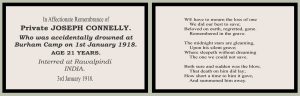 Both sides of a cream coloured memorial card with black edges for the funeral of Joseph Connelly 3rd January 1918.