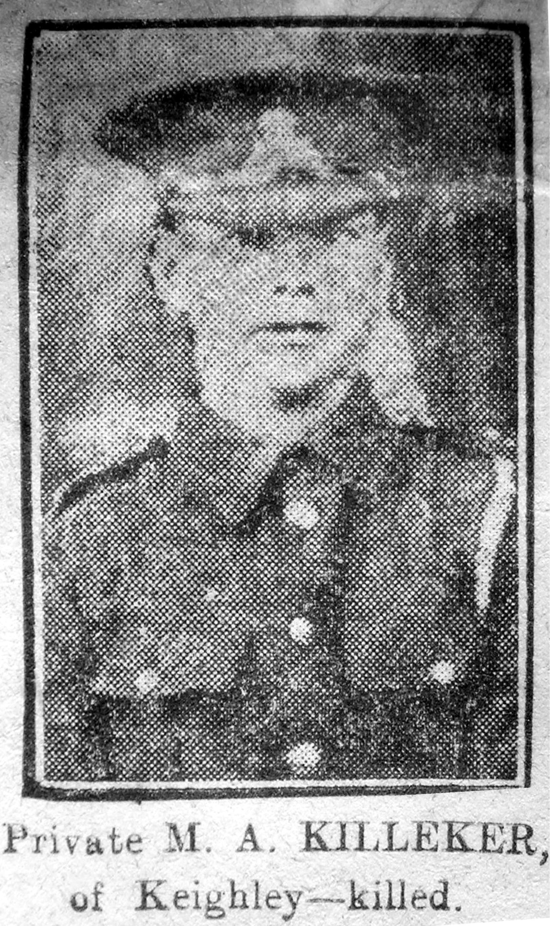 A poor quality newspaper photograph of a British Army soldier in uniform and cap.The newspaper caption is incorrect and names him Killeker when it should be Kelleher.