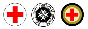 The badges of the Red Cross, St. John Ambulance Brigade and Royal Army Medical Corps