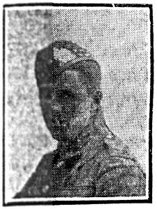 A very poor quality head and shoulders portrait photo from an older than 100 years newspaper. The soldier is wearing a tam o'shanter cap and is looking sideways at the camera.