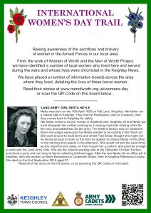 An A3 size board which is one of eight which will be posted around Oakworth to celebrate notable women of the village for International Women's Day on Sunday 8th March 2026. It has a green border and purple writing at the top. A paragraph about Nesta Hoyle with her photo is included and a QR code to take visitors to her biography page.