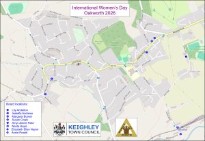 A coloured map of Oakworth with numbered blue dots showing the locations of information boards.
