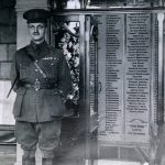 Lees Cross Roads and Bocking war memorial in a special room in the bowling club building. Standing in front is Major A. B. Clarkson in British Army officer's uniform.