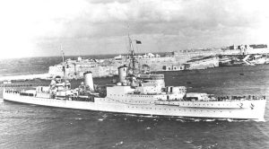 A Royal Navy Cruiser at Malta. HMS Gloucester.