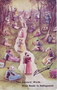 A stylised hand drawn and hand coloured image of many couples in Edwardian dress. They are depicted walking or sitting and cuddling each other in a glade with a path running up the centre. At the bottom it says 'The Lovers Walk - Cross Roads to Cullingworth.'