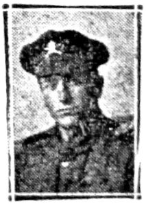 A poor quality newspaper photo of a man in Army uniform. This is a head and shoulders image and he is wearing a field service cap with the badge of the Machine Gun Corps.