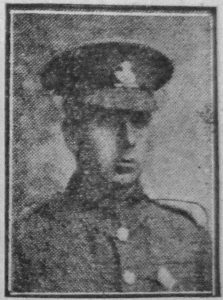 A poor quality newspaper photo of a man in Army uniform. This is a head and shoulders image and he is wearing a field service cap with the badge of the Northumberland Fusiliers.