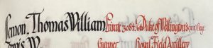 An entry in a roll of honour book. The name Lemon, Thomas William is in black in and the details: Private, 3084. 6th Duke of Wellington's West Riding Regiment are in red ink.
