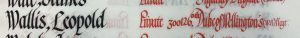 An entry in a roll of honour book. The name Wallis, Leopold is in black in and the details: Private, 300126 6th Duke of Wellington's West Riding Regiment are in red ink.