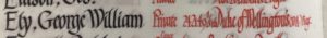 An entry in a roll of honour book. The name Ely, George William is in black in and the details: Private, 242129. 1/5th Duke of Wellington's West Riding Regiment, are in red ink.