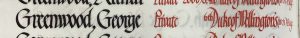 An entry in a roll of honour book. The name Greenwood, George is in black ink and the details: Private, 6th Duke of Wellington's West Riding Regiment are in red ink.