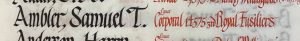 An entry in a roll of honour book. The name Ambler, Samuel T. is in black ink and the details: Lance Corporal 14575, 3rd Royal Fusiliers are in red ink.
