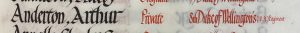 An entry in a roll of honour book. The name Anderson, Arthur is in black ink and the details: Private 8th Duke of Wellington's (W.R.) Regiment, are in red ink.