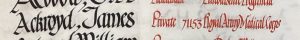 An entry in a roll of honour book. The name Ackroyd, James is in black ink and the details: Private 71153, Royal Army Medical Corps are in red ink.