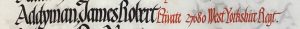 An entry in a roll of honour book. The name Addyman, James Robert is in black ink and the details: Private, 27680 West Yorkshire Regiment are in red ink.