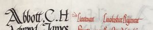 An entry in a roll of honour book. The name Abbott, C. H. is in black ink and the details: 2nd Lieutenant, Lincolnshire Regiment are in red ink.