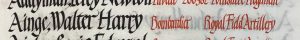 An entry in a roll of honour book. The name Ainge, Walter Harry is in black ink and the details: Bombardier, Royal Field Artillery, are in red ink.