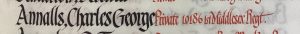 An entry in a roll of honour book. The name Annalls, Charles George is in black ink and the details: Private 10186 1st Middlesex Regiment, are in red ink.