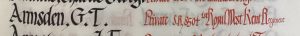An entry in a roll of honour book. The name Armsden, George T. is in black ink and the details: Private SR/8504 1st Royal West Kent Regiment, are in red ink.