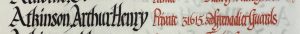 An entry in a roll of honour book. The name Atkinson, Arthur Henry. is in black ink and the details: Private, 31615, 3rd Grenadier Guards, are in red ink.