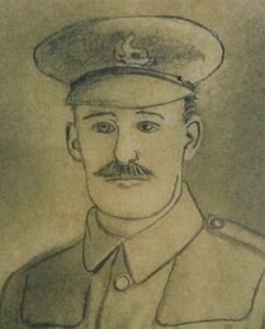 A hand drawn picture of a soldier in British Army uniform from the Great War period.