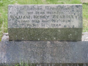 An angled headstone with an inscription to William Henry Bearsley and below this, to Alice Bearsley.
