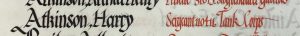 An entry in a roll of honour book. The name Atkinson, Harry. is in black ink and the details: Sergeant, 110411, Tank Corps, are in red ink.
