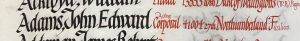 An entry in a roll of honour book. The name Adams, John Edward. is in black ink and the details: Acting Corporal, 41004, 27th Northumberland Fusiliers, are in red ink.