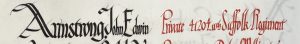 An entry in a roll of honour book. The name Armstrong, John Edwin. is in black ink and the details: Private, 41204, 11th Suffolk Regiment., are in red ink.